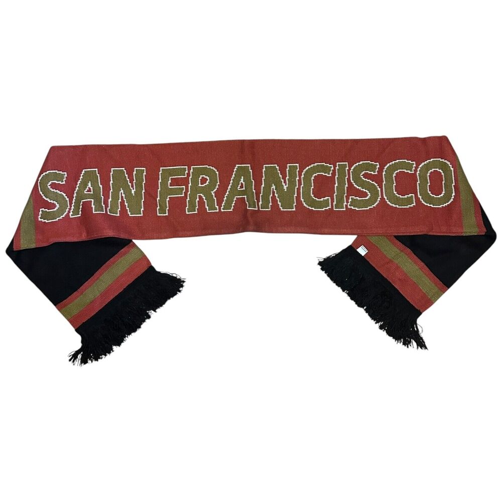 NEW San Francisco City Scarf Red Black Gold Knit Fringe Winter Souvenir 60"